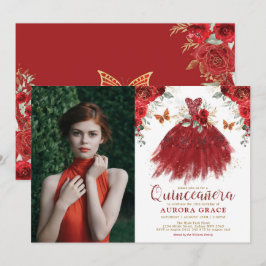 Burgundy Red Floral Quinceañera Princess Foto Kaart