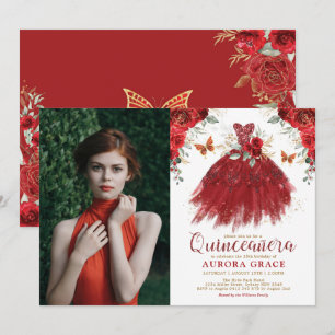 Burgundy Red Floral Quinceañera Princess Foto Kaart