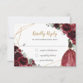 Burgundy Red Floral Quinceañera Princess Reply RSVP Kaartje (Voorkant)