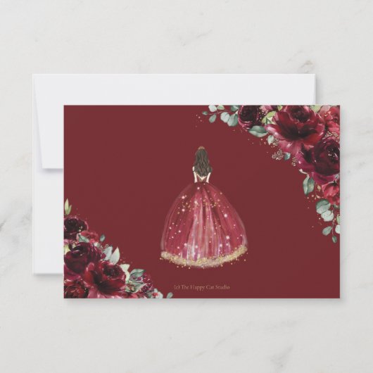 Burgundy Red Floral Quinceañera Princess Reply RSVP Kaartje (Achterkant)