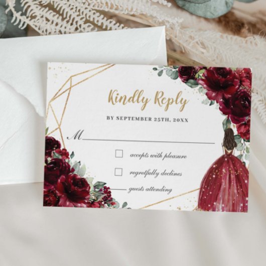 Burgundy Red Floral Quinceañera Princess Reply RSVP Kaartje