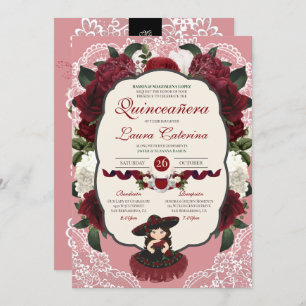 Burgundy Red Floral Roos Charro Quinceanera Kaart