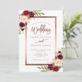 Burgundy Red Floral Roos Gold RSVP Weddenschap Kaart (Staand voorkant)