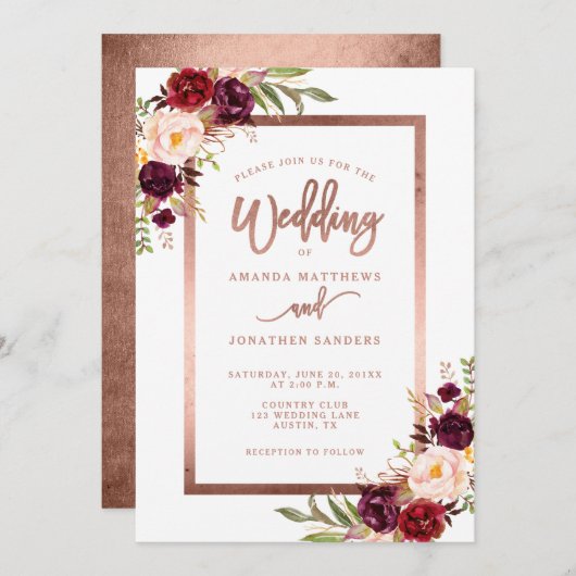 Burgundy Red Floral Roos Gold Script Weduwschap Kaart (Voorkant / Achterkant)