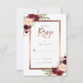 Burgundy Red Floral Roos Gold Weddenschap RSVP (Voorkant)