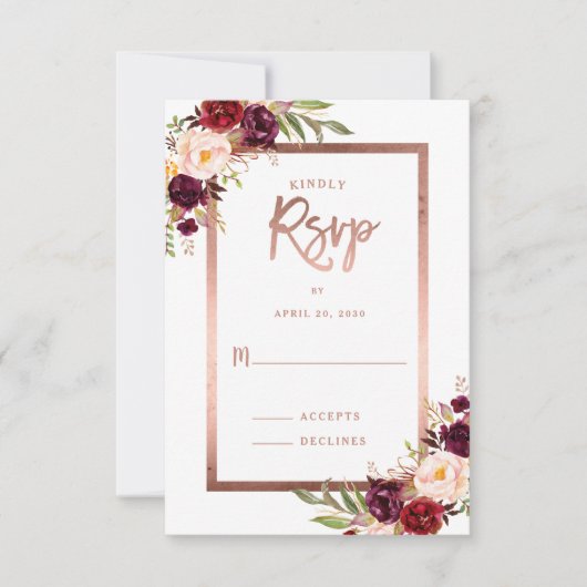 Burgundy Red Floral Roos Gold Weddenschap RSVP (Voorkant)