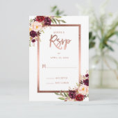 Burgundy Red Floral Roos Gold Weddenschap RSVP (Staand voorkant)