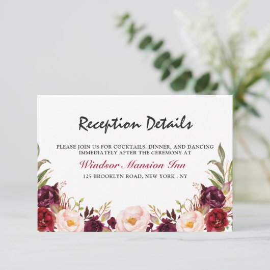 Burgundy Red Floral Rustic Boho Reception Kaart (Staand voorkant)