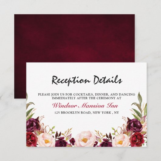 Burgundy Red Floral Rustic Boho Reception Kaart (Voorkant / Achterkant)