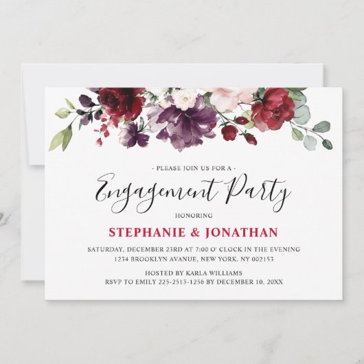 Burgundy Red Floral Rustic Boho Verloving Kaart (Voorkant)