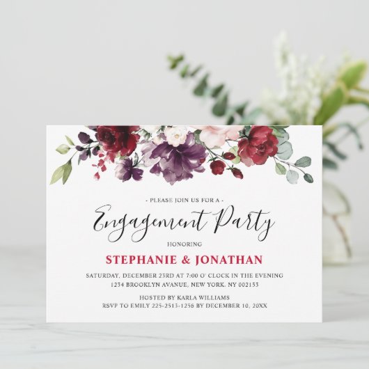 Burgundy Red Floral Rustic Boho Verloving Kaart (Staand voorkant)