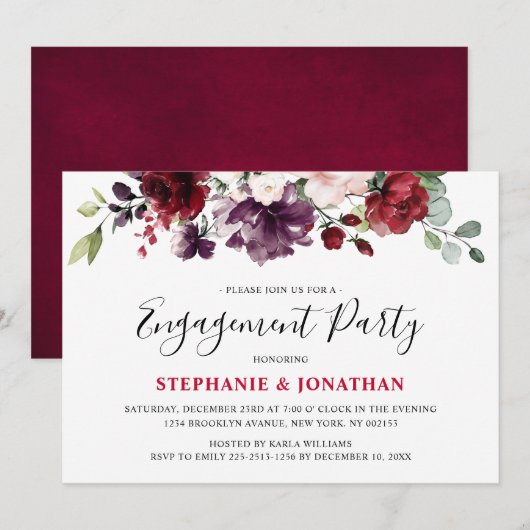 Burgundy Red Floral Rustic Boho Verloving Kaart (Voorkant / Achterkant)