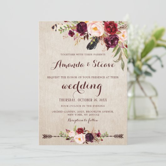 Burgundy Red Floral Rustic Boho Wedding Kaart (Staand voorkant)
