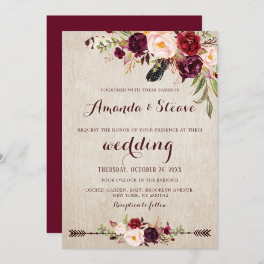 Burgundy Red Floral Rustic Boho Wedding Kaart (Voorkant / Achterkant)