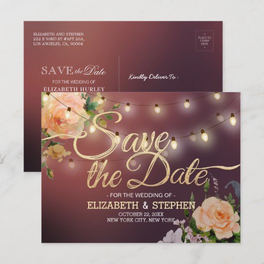 Burgundy Red Floral String Lichten bewaren de datu Aankondigingskaart (Voorkant / Achterkant)