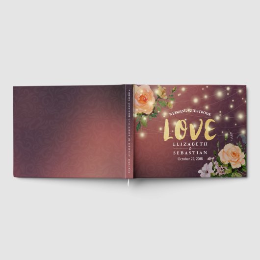 Burgundy Red Floral String Light Wedding Guestbook Gastenboek (Volledig)