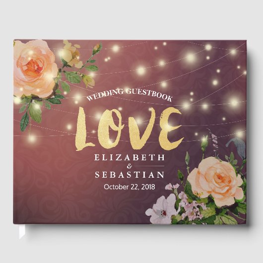 Burgundy Red Floral String Light Wedding Guestbook Gastenboek (Voorkant)