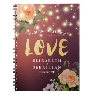 Burgundy Red Floral String Light Wedding Guestbook Notitieboek
