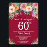 Burgundy Red Floral Surprise 60th Birthday Kaart<br><div class="desc">Burgundy Red Floral Surprise 60th Birthday Invitation for Women. Waterverf Floral Flower. Burgundy Red Background Roze, geel, Oranje, Paars ventilator. Volwassen verjaardag. 13e 15e 16e 18e 21e 30e 40e 50e 60e 70e 90e 100e, Alle leeftijden. Voor verdere aanpassing, te klikken gelieve de knoop "van de Aanpassing het"en ons ontwerphulpmiddel te...</div>