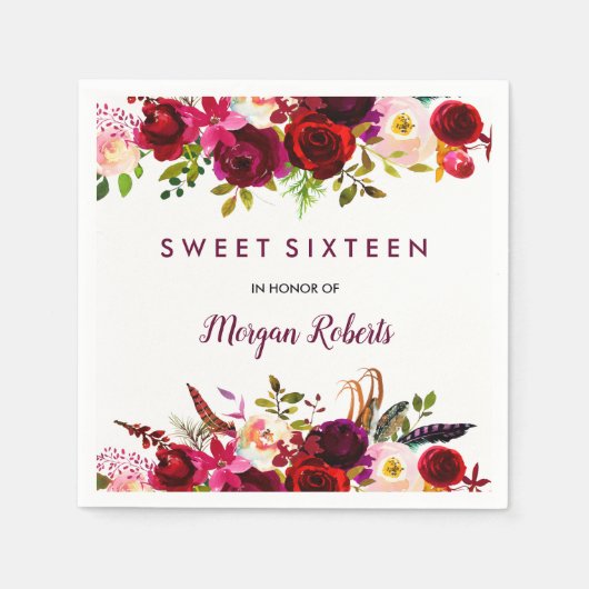 Burgundy Red Floral Sweet 16 Servetten (Voorkant)
