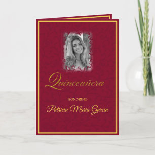 Burgundy red floral vines met foto quinceanera kaart