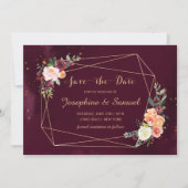 Burgundy Red Floral Waterverf bespaart datum Kaart (Voorkant)