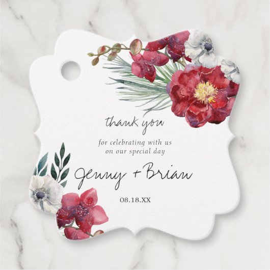 Burgundy Red Floral Weddenschap Bedankt Bedankjes Labels (Voorkant)