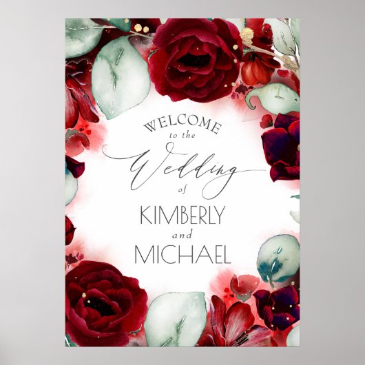 Burgundy Red Floral Weddenschap Welkom Poster (Voorkant)