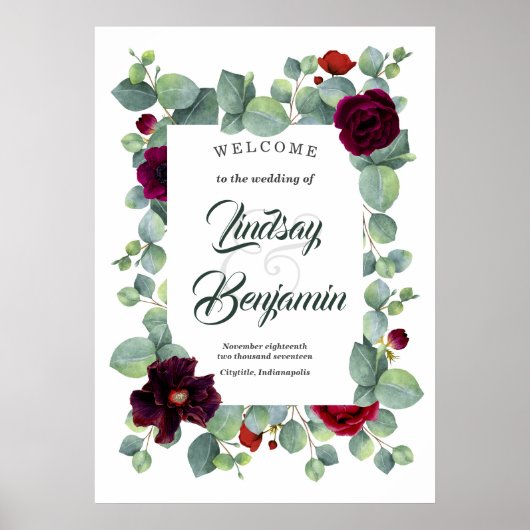 Burgundy Red Floral Weddenschap Welkomstteken Poster (Voorkant)