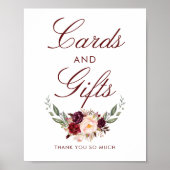 Burgundy Red Floral Wedding Cards en Gifts Sign Poster (Voorkant)