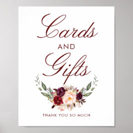 Burgundy Red Floral Wedding Cards en Gifts Sign Poster
