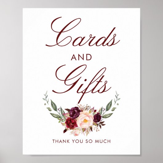 Burgundy Red Floral Wedding Cards en Gifts Sign Poster (Voorkant)