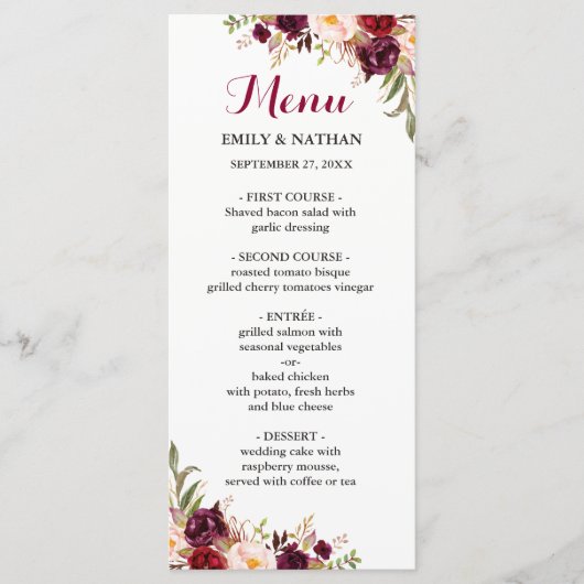 Burgundy Red Floral Wedding Menu (Voorkant)