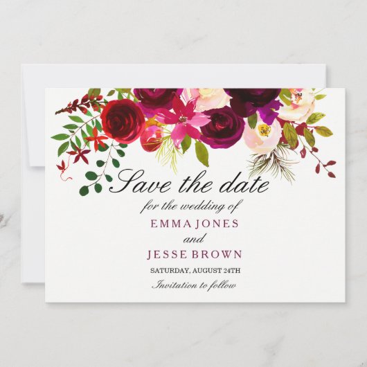Burgundy Red Floral Wedding Save the Date Kaart (Voorkant)