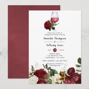 Burgundy Red Floral Wine Tasting Engagement Party Kaart