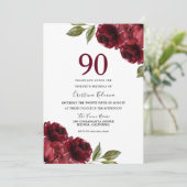 Burgundy Red Floral Womans 90th Birthday Party Kaart (Staand voorkant)