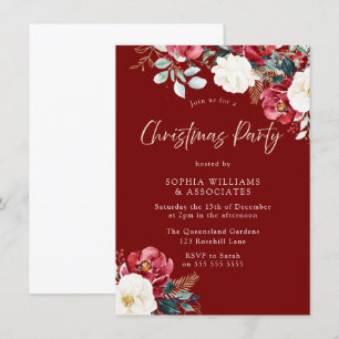 Burgundy Red Floral Work of Family Kerstparty Kaart