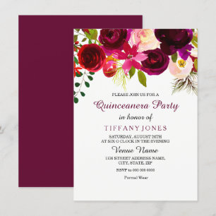 Burgundy Red Flower Quinceanera Party Invite Kaart