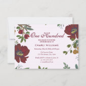 Burgundy Red Flowers 100th Birthday Party Invite Kaart (Voorkant)