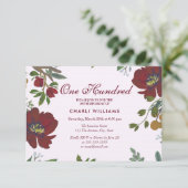Burgundy Red Flowers 100th Birthday Party Invite Kaart (Staand voorkant)