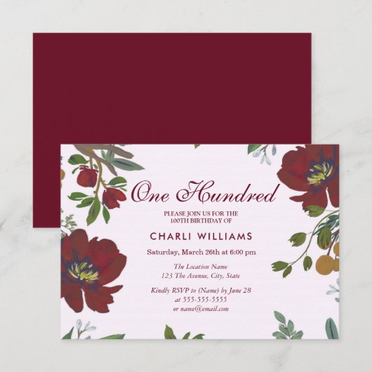 Burgundy Red Flowers 100th Birthday Party Invite Kaart (Voorkant / Achterkant)