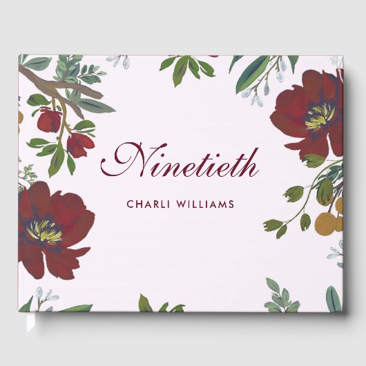 Burgundy Red Flowers 90th Birthday Guest Book Gastenboek (Voorkant)