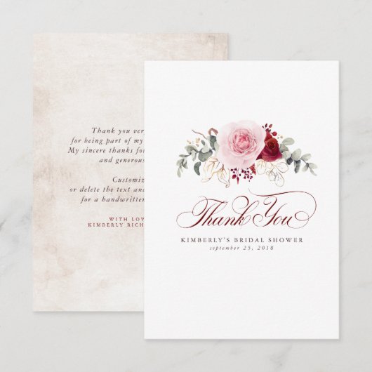 Burgundy Red Flowers Elegant Little Dankje Bedankkaart (Voorkant / Achterkant)