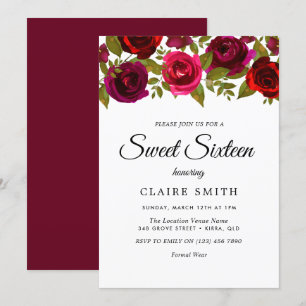 Burgundy Red Flowers Elegant Sweet 16 Invite Kaart