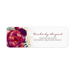 Burgundy Red Flowers en Gold Glitter Elegant Etiket