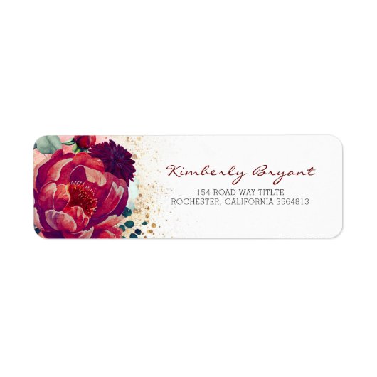 Burgundy Red Flowers en Gold Glitter Elegant Etiket (Voorkant)