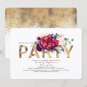 Burgundy Red Flowers en Gold Graduation Party Kaart