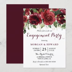 Burgundy Red Flowers Gold Glitter Engagement Party Kaart