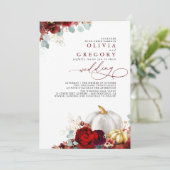 Burgundy Red Flowers Gold Pumpkins Fall Weddenscha Kaart (Staand voorkant)