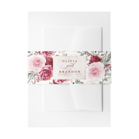 Burgundy Red Flowers Pattern Elegant Wedding Uitnodigingen Wikkel (Voorkant Voorbeeld)